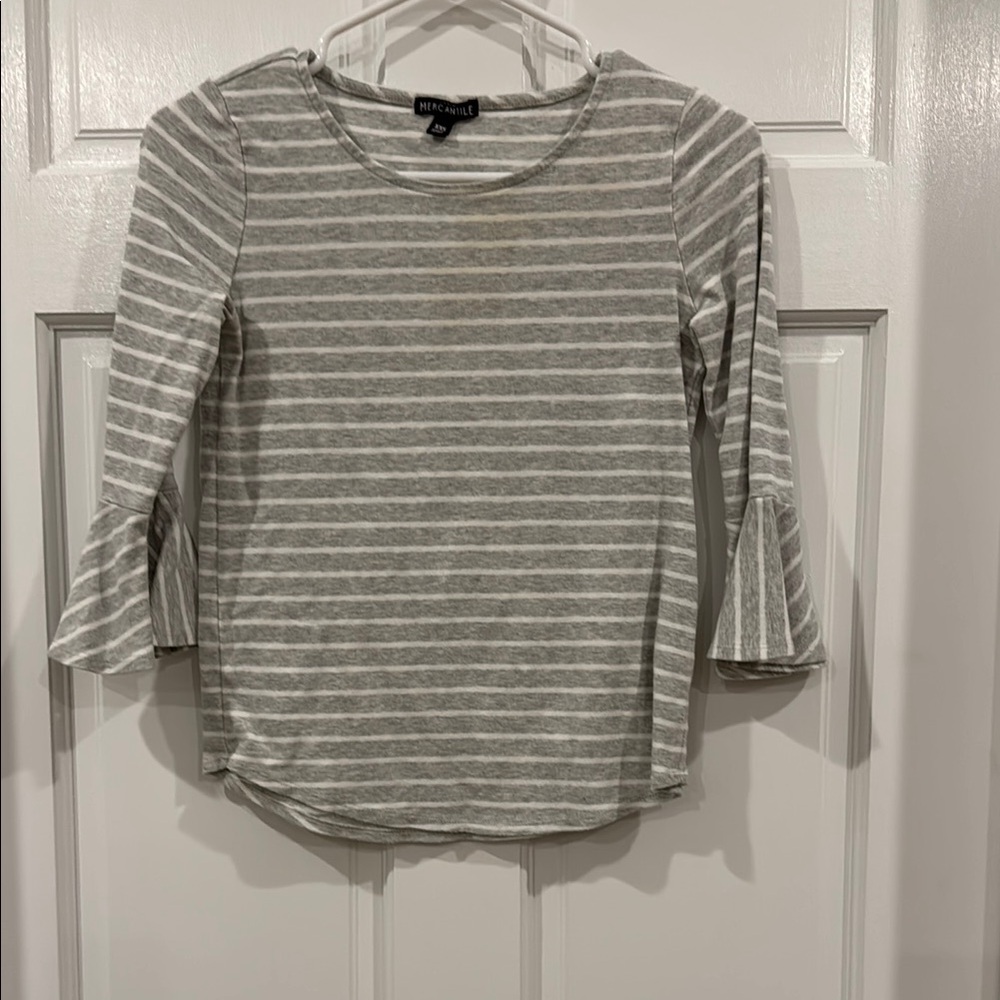Gray Striped Shirt with Bell Sleeves